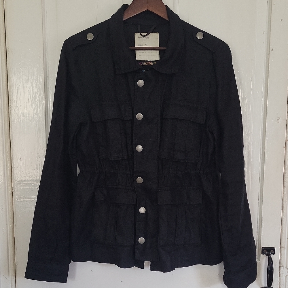Black Free People 1970 Lightweight Linen Utility Jacket 6